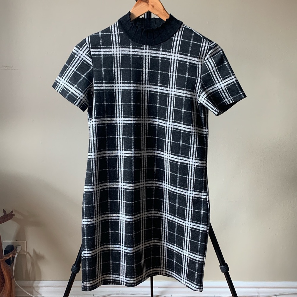 Bershka Mock Neck Plaid Mini Dress